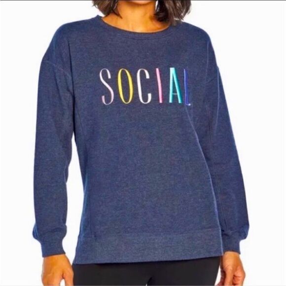 WILDFOX ‘SOCIAL’ Embroidered Statement Crewneck Pullover: Heather Navy Small NWT - Picture 1 of 2